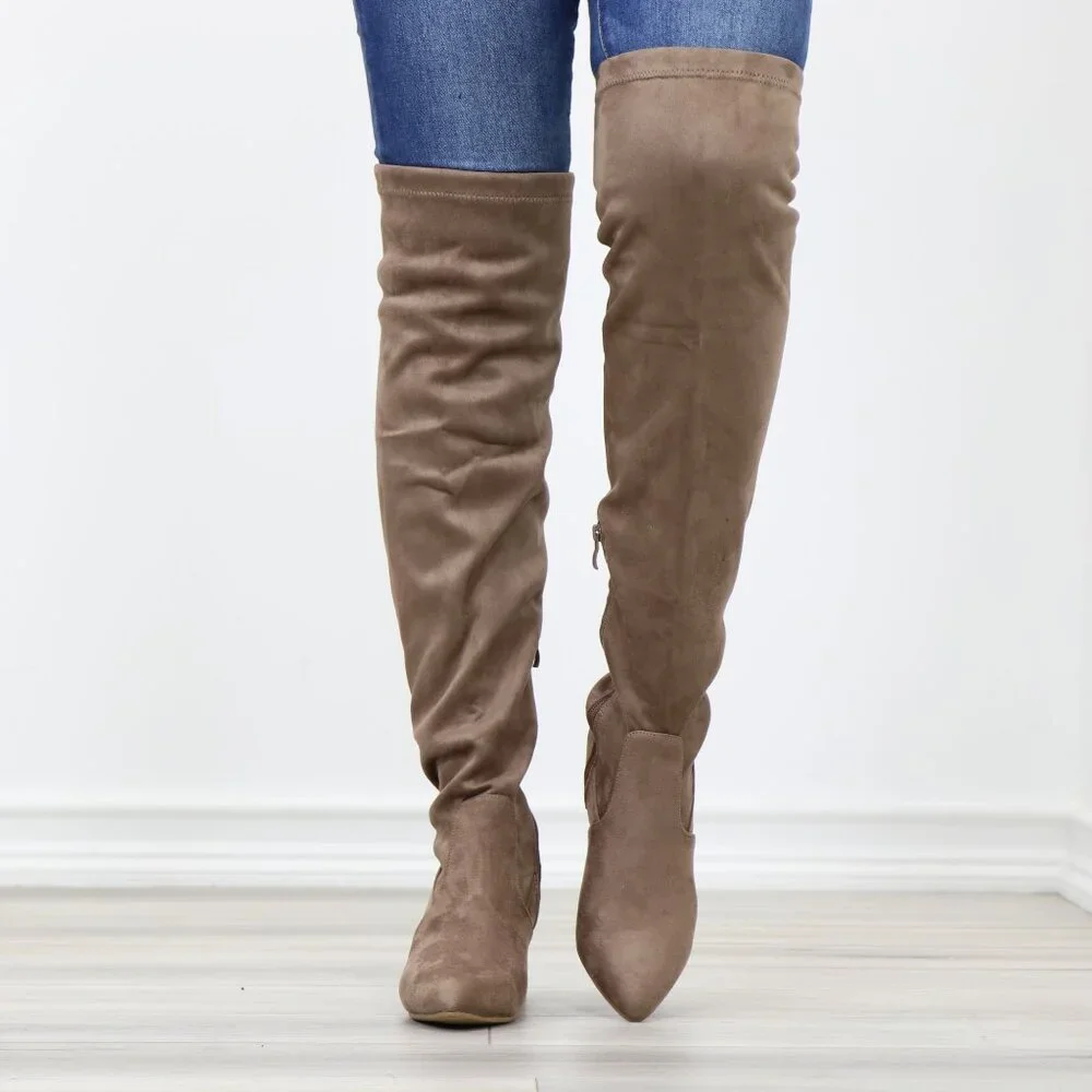 Taupe Over-the-Knee Boots Faux Suede Low Block Heel Tie Back